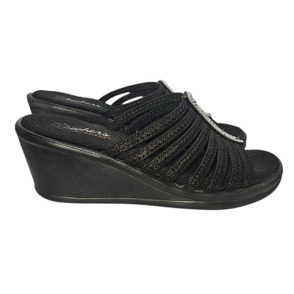 Skechers Cali Memory Foam Rumblers Hotshot Black Wedge Slide w/Rhinestones Sz 9 - Picture 3 of 8